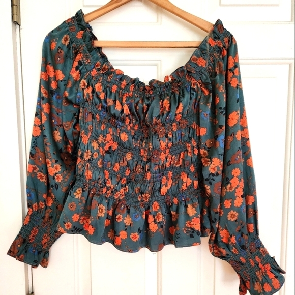 NWT Kori peasant milkmaid boho smocked blouse size large teal floral print - Picture 1 of 12